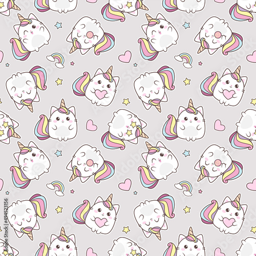 Baby Cat Caticorn or Kitten Unicorn vector seamless pattern. Cute Cat Unicorn with lollipop. Isolated vector illustration for kids design prints  posters  t-shirts  stickers