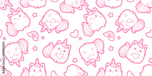 Cute Baby Cat Caticorn pattern. White Kitten Unicorn - pink vector seamless pattern. Kawaii Cat Unicorn with lollipop. Isolated vector illustration for kids design prints, posters, t-shirts, stickers