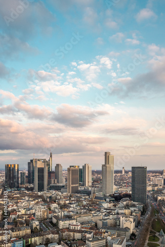 Skyline Frankfurt from above during an atmospheric, colorful sunrise. Cityscape in Germany with skyscrapers. city, Sunset