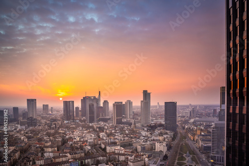 Skyline Frankfurt from above during an atmospheric  colorful sunrise. Cityscape in Germany with skyscrapers. city  Sunset