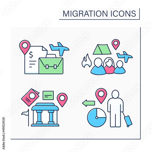 Migration color icons set. Embassy, labour relocation, forced family escape. Migration concept. Isolated vector illustrations
