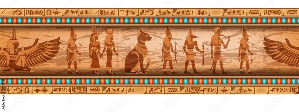 Egypt seamless border, goddess silhouette, vector ancient ethnic ornament frame design. Old papyrus texture, religion calligraphy print, vintage hieroglyph wall mural illustration. Egypt border - obrazy, fototapety, plakaty 