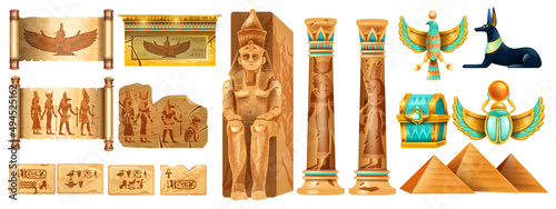 Egypt ancient stone ruin set, vector old pyramid pharaoh sculpture, cracked wall tile, antique column. Papyrus scroll paper, Egyptian civilization monument, gods outline, mural hieroglyphs. Egypt ruin