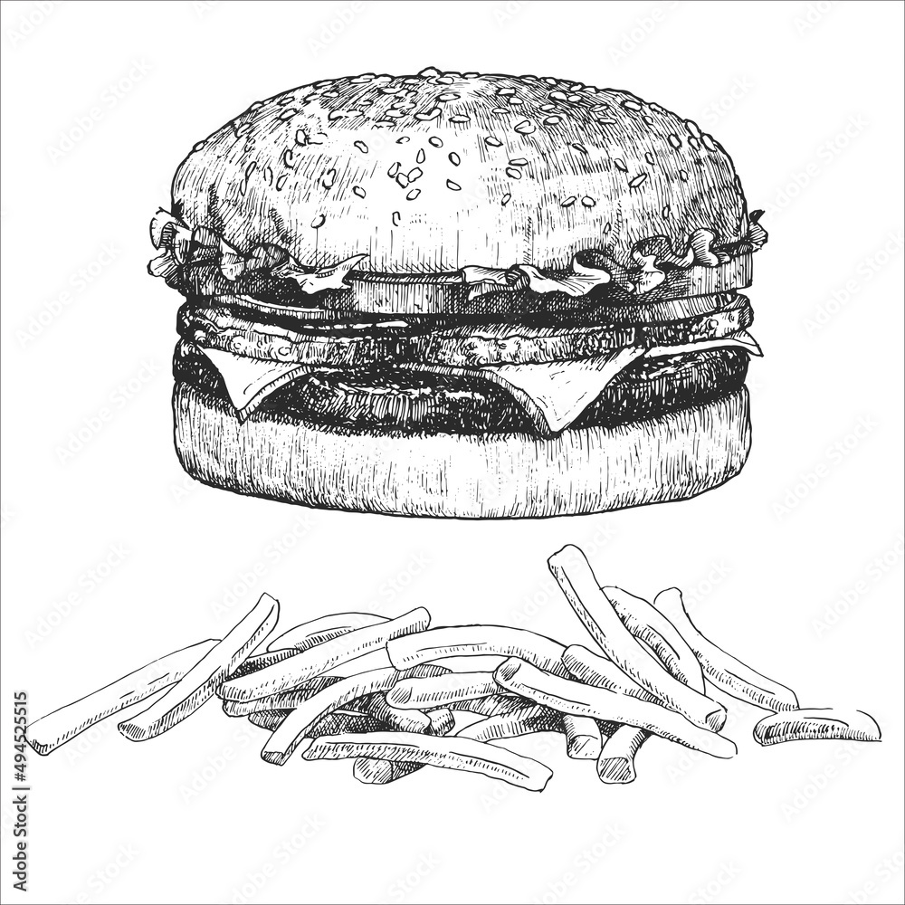 American Dishes Hand Drawn Illustration Of Cheeseburger With French Fries Vector Ink Drawing Stock ベクター Adobe Stock