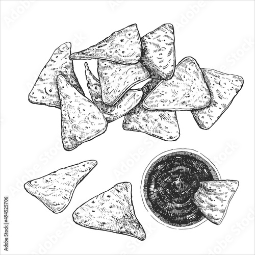 Mexican dishes. Hand-drawn illustration of Tortilla chips. Vector. Ink drawing. 