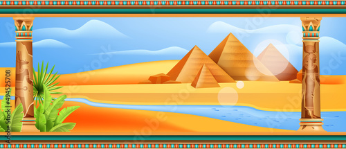 Egypt desert landscape, old stone column ornament, vector ancient Egyptian pharaoh temple background. River, sky, Egypt panoramic game landscape. Pyramid monument tomb nature view, palm leaf sand dune