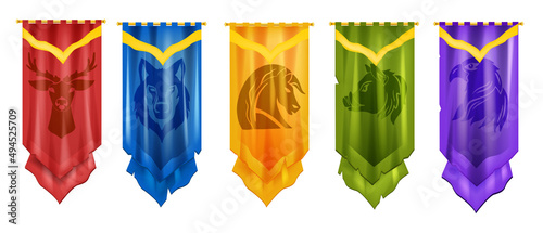 Medieval flag game vector icon set, knight old banner, wolf, deer, horse, battle royal pennant kit. UI victory badge, heraldic sign, eagle, boar, animal head. Game flag logo, war house standard