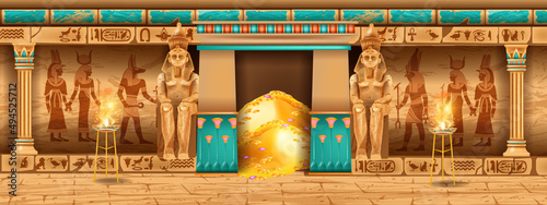 Egypt temple background, vector game pyramid stone wall, ancient pharaoh tomb interior, god outline. Egypt temple monument. History archaeology palace illustration, hieroglyph, statue, vintage column photo