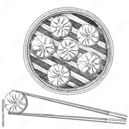 Asian dishes. Hand-drawn illustration of Bamboo Steamer with Mandu. Vector. Ink drawing.  photo