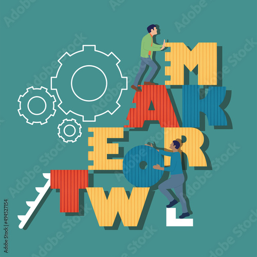 Pair of boys pushing some letters to create the word teamwork Business Vector