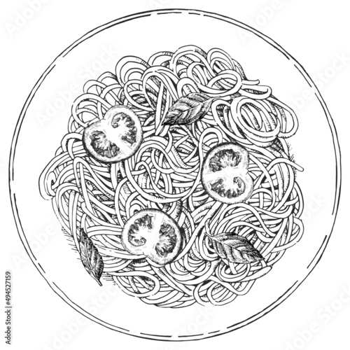 Traditional italian dishes. Hand-drawn illustration of Pasta. Vector. Ink drawing. 