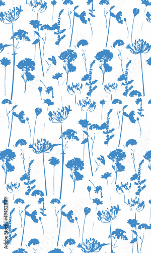 Blue flowers and leaves shapes repeat pattern for postcard, textile printing, wallpaper, home decor