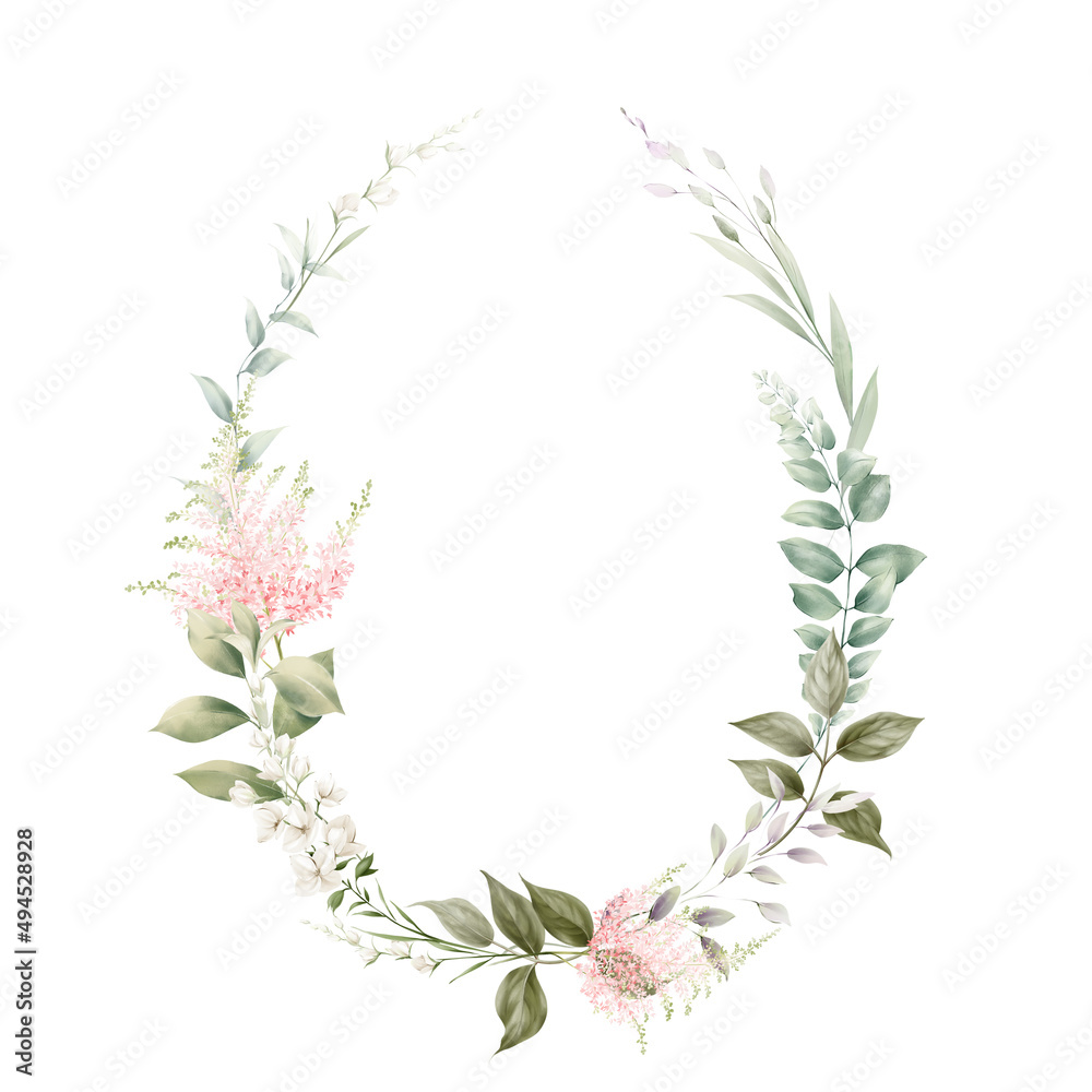 Floral wreath with greenery and pink flowers, can be used as greeting card, invitation card for wedding, birthday and other holiday and summer background. Watercolor illustration Floral wreath with greenery and pink flowers, can be used as greeting card, invitation card for wedding, birthday and other holiday and summer background. Watercolor illustration