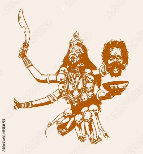 Illustration of the Kali goddess of Indian religion on the orange background