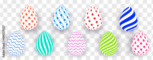 Set of colored Easter eggs on a transparent background. Vibrant colors and patterns. Traditional Easter symbol isolated on white background. vector file.