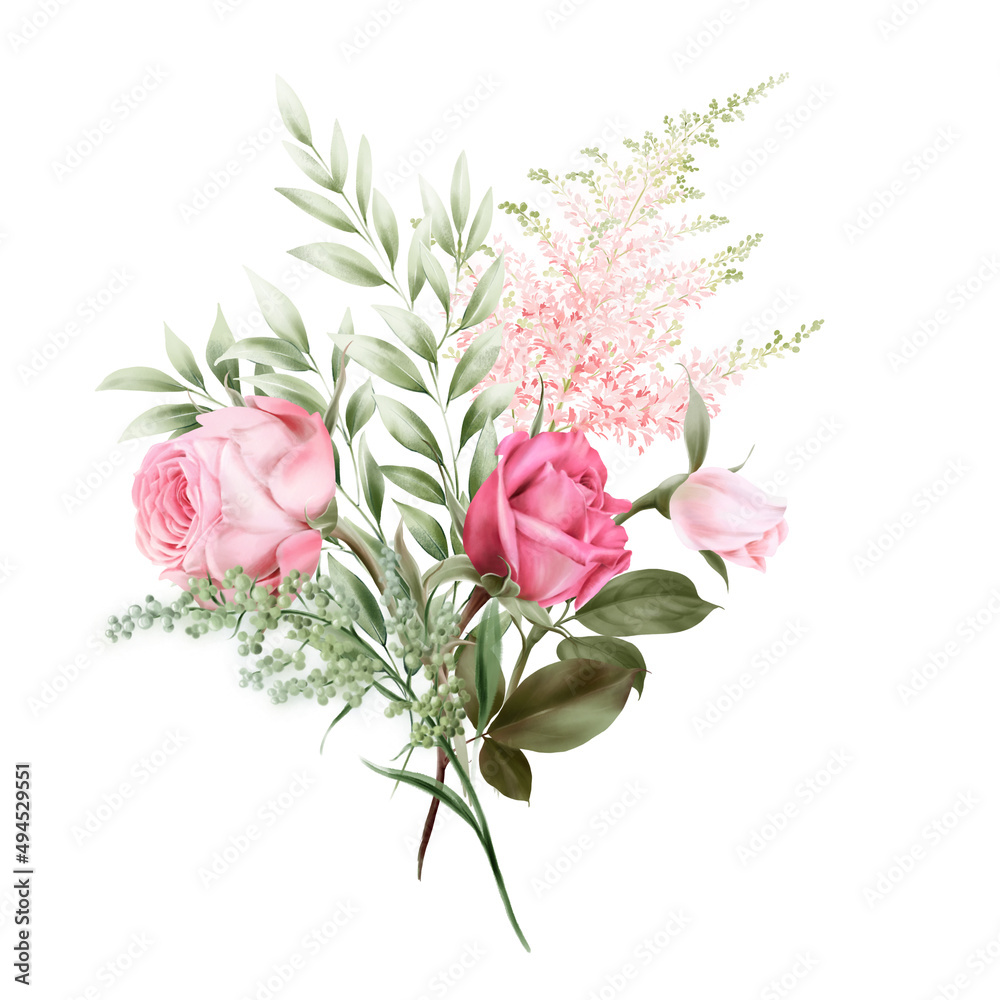 Bouquet of flowers and greenery, can be used as greeting card, invitation card for wedding, birthday and other holiday and  summer background. Watercolor illustration