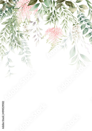 Fototapeta Naklejka Na Ścianę i Meble -  Greeting card with flowers, Floral frame, can be used as invitation card for wedding, birthday and other holiday and  summer background. Botanical art. Watercolor