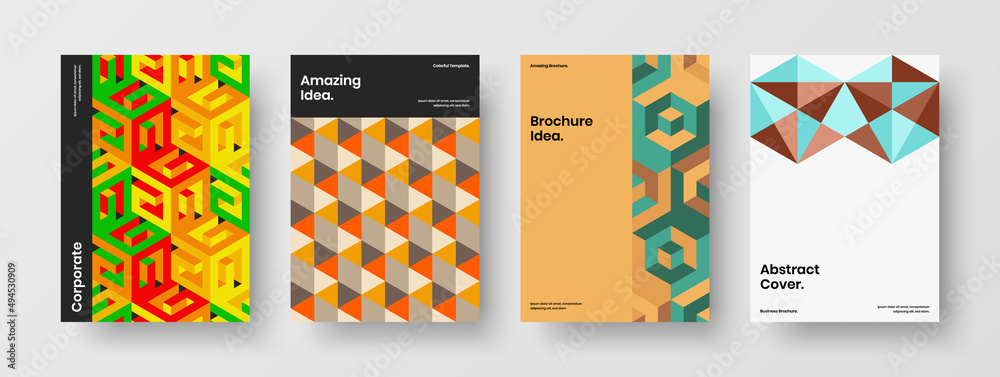 Simple mosaic hexagons brochure illustration bundle. Fresh journal cover A4 design vector layout collection.