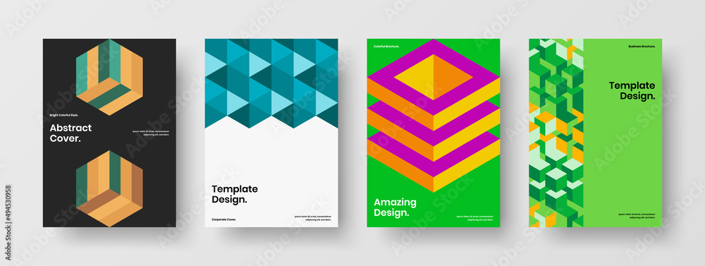 Unique leaflet A4 design vector concept composition. Minimalistic geometric shapes banner illustration bundle.
