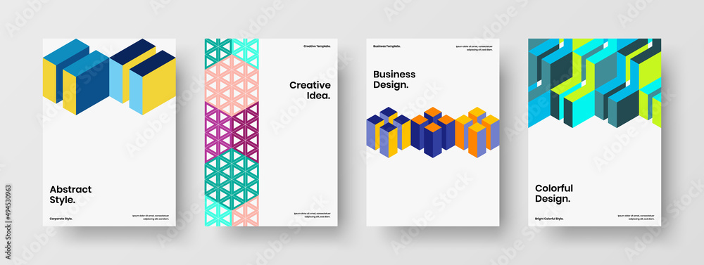 Isolated mosaic hexagons placard concept bundle. Fresh booklet vector design template set.