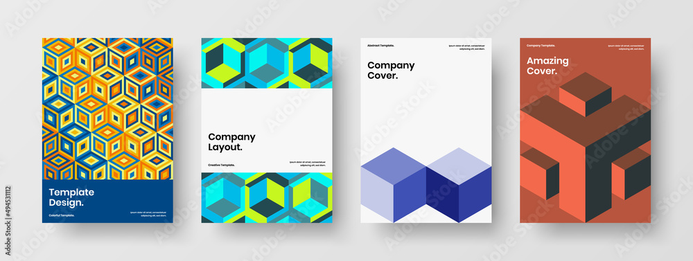 Fototapeta premium Creative pamphlet A4 design vector layout set. Vivid mosaic tiles corporate identity illustration collection.