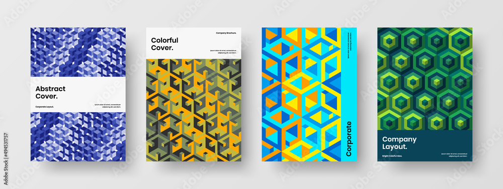 Fototapeta premium Original mosaic shapes annual report illustration collection. Premium catalog cover A4 vector design template set.