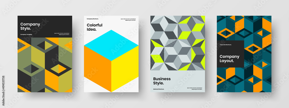 Minimalistic banner design vector template composition. Multicolored geometric tiles corporate cover layout bundle.