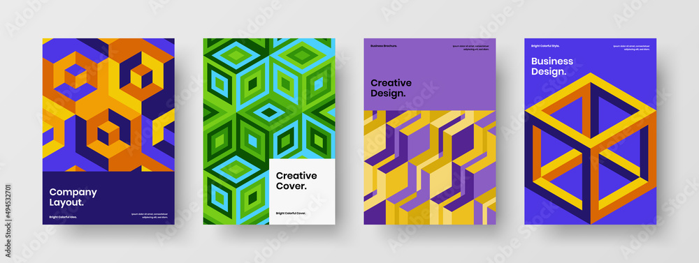 Fototapeta premium Isolated mosaic hexagons front page layout composition. Abstract corporate cover A4 design vector illustration set.