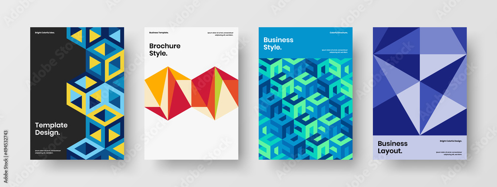 Minimalistic geometric hexagons placard illustration collection. Vivid leaflet vector design template set.