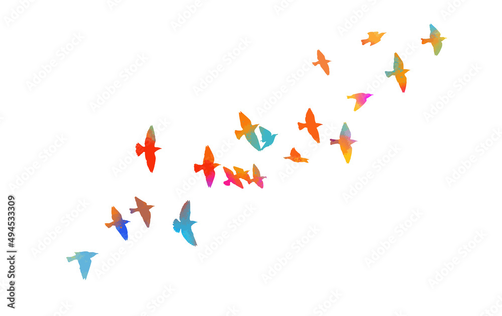 Multi-colored birds. A flock of flying rainbow birds. Vector illustration