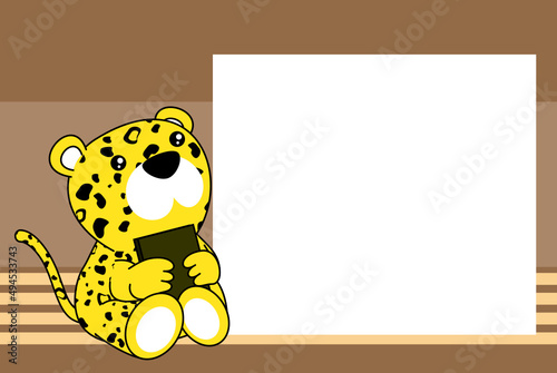 baby leopard character kawaii cartoon sitting holding a book picture frame background in vector format  photo