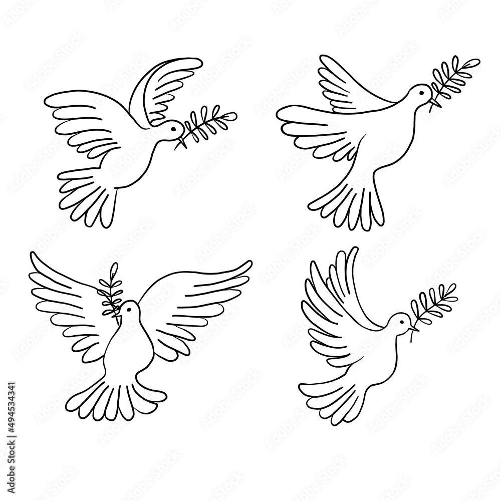Obraz premium Set of flying pigeons with a branch and leaves. Dove of peace. Hand drawn line sketch. Bird symbol of hope, emblem against violence and military conflicts. Vector illustration