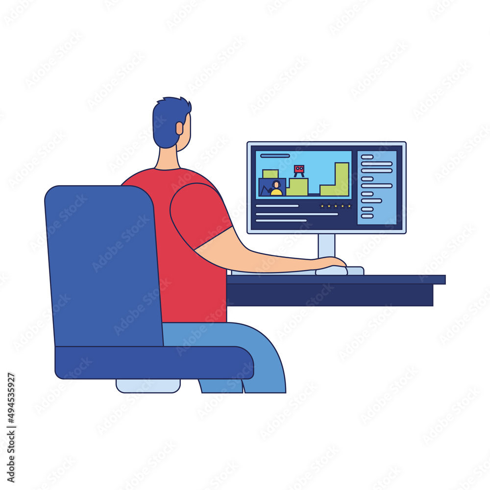 Isolated male cartoon watching a stream on computer flat design icon Vector