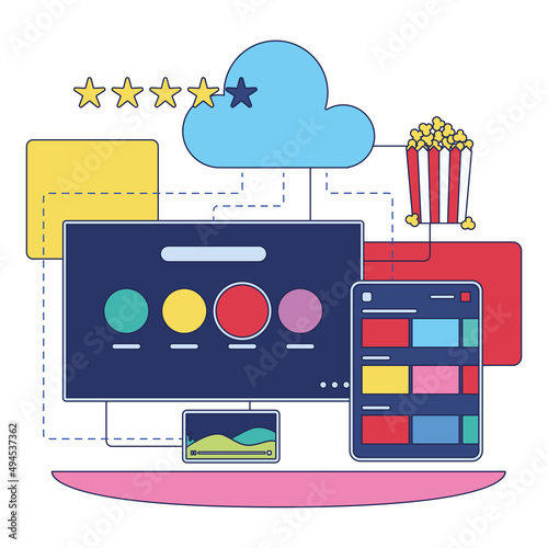 Streaming service concept image Different devices connected to cloud Vector