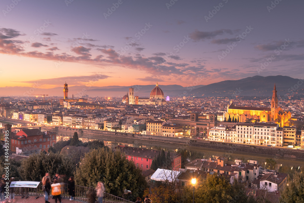 Florence, Italy skyline with landmark buildings Over the Arno River