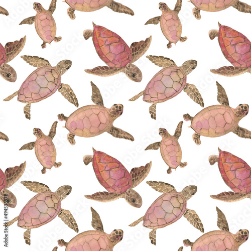 Watercolor painting seamless pattern with cute sea turtles on white background