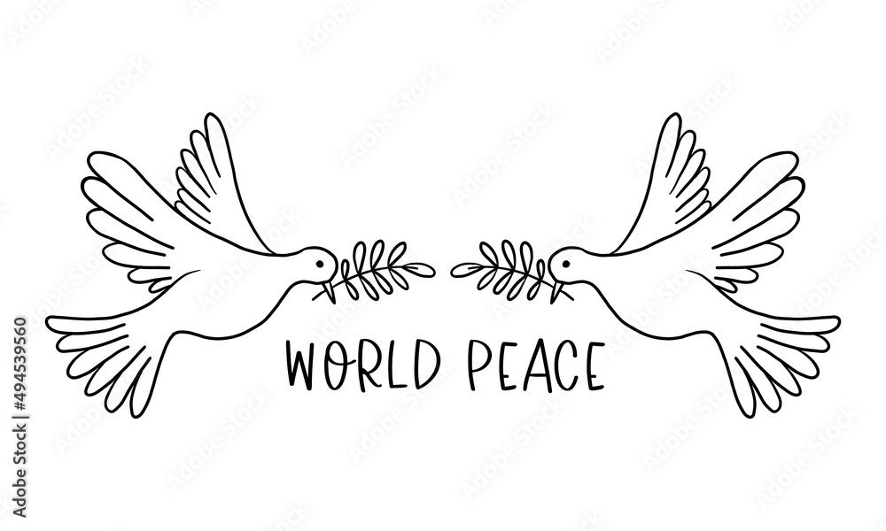 Obraz premium Two flying pigeons with a branch and leaves. Dove of peace. Hand drawn line sketch. Bird symbol of hope, emblem against violence and military conflicts. Vector illustration