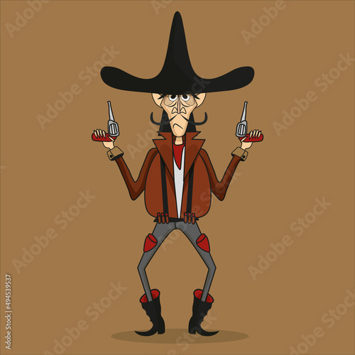 Cowboy. Wild West. Cartoon character. A disgruntled person. Emotion. A revolver. Vector illustration of a person.