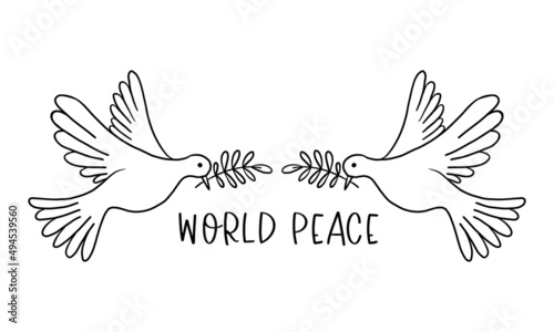Two flying pigeons with a branch and leaves. Dove of peace. Hand drawn line sketch. Bird symbol of hope, emblem against violence and military conflicts. Vector illustration