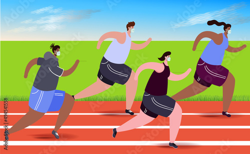 Running competition, group of runner running in the race track on Stadium. Cartoon Flat Vector Illustration