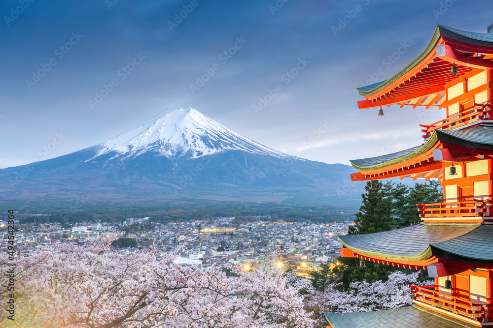 Mt. Fuji and Pagoda from Fujiyoshida, Japan During Spring Season