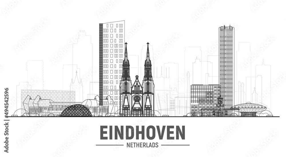Eindhoven the Netherlands line skyline with panorama at white background. Vector Illustration. Business travel and tourism concept with modern buildings. Image for banner or web site.