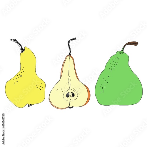 Set of differen pears hand drawn outline. The black line on a white background. Pears and pears slices with leaves and twigs. Vector elements collection.