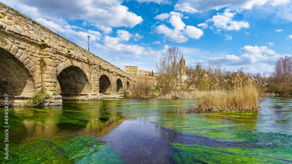 Roman stone bridge over the Tormes river in the monumental city of Salamanca.