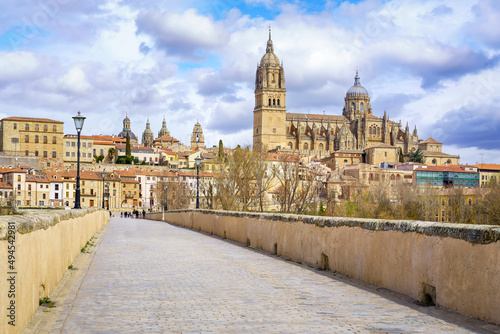Causeway of the Roman bridge over the river that leads to the monumental city of Salamanca, Spain.
