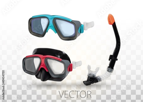 Diving mask and snorkel realistic icon. Underwater sport, entertainment equipment, gear. Costume element for immersion in water. Vector illustration isolated on white background.