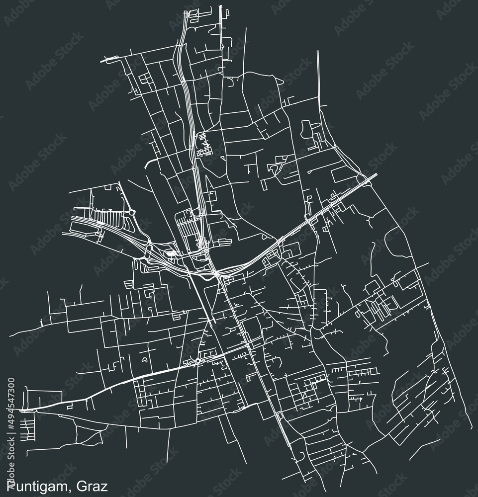 Detailed negative navigation white lines urban street roads map of the PUNTIGAM DISTRICT of the Austrian regional capital city of Graz, Austria on dark gray background