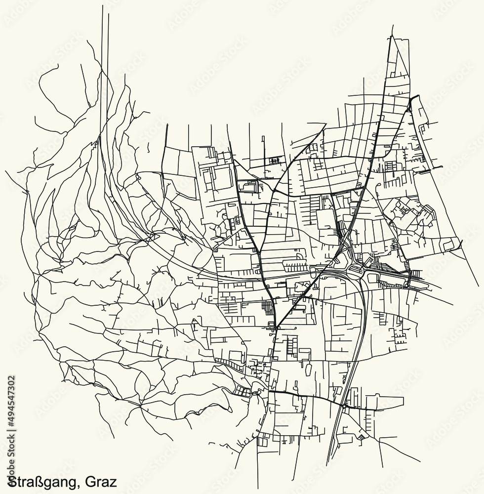 Detailed navigation black lines urban street roads map of the STRAßGANG DISTRICT of the Austrian regional capital city of Graz, Austria on vintage beige background