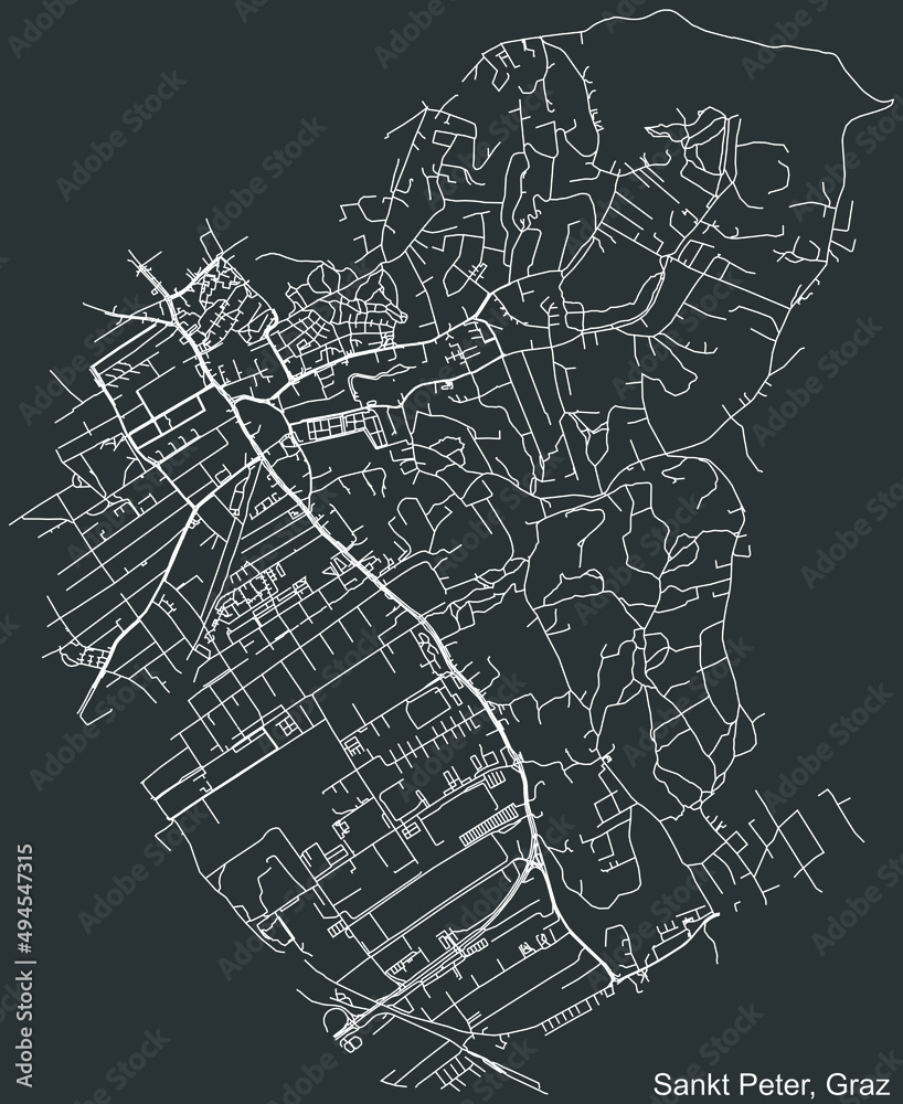 Detailed negative navigation white lines urban street roads map of the ST. PETER DISTRICT of the Austrian regional capital city of Graz, Austria on dark gray background