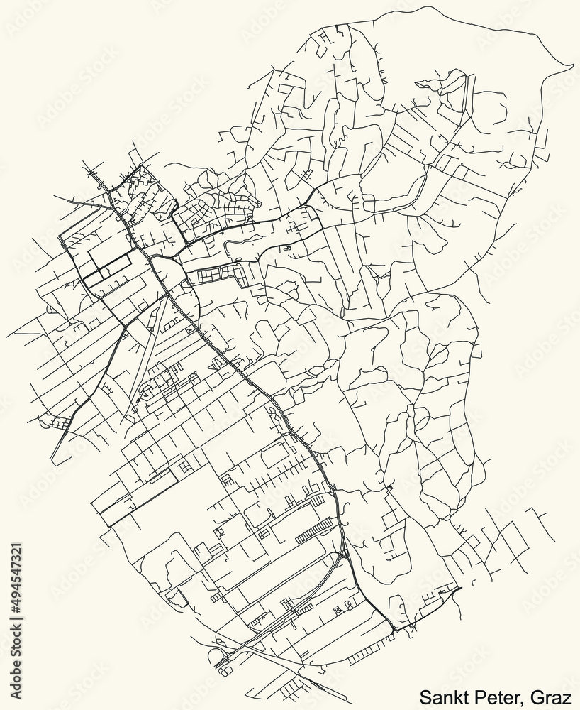 Detailed navigation black lines urban street roads map of the ST. PETER DISTRICT of the Austrian regional capital city of Graz, Austria on vintage beige background